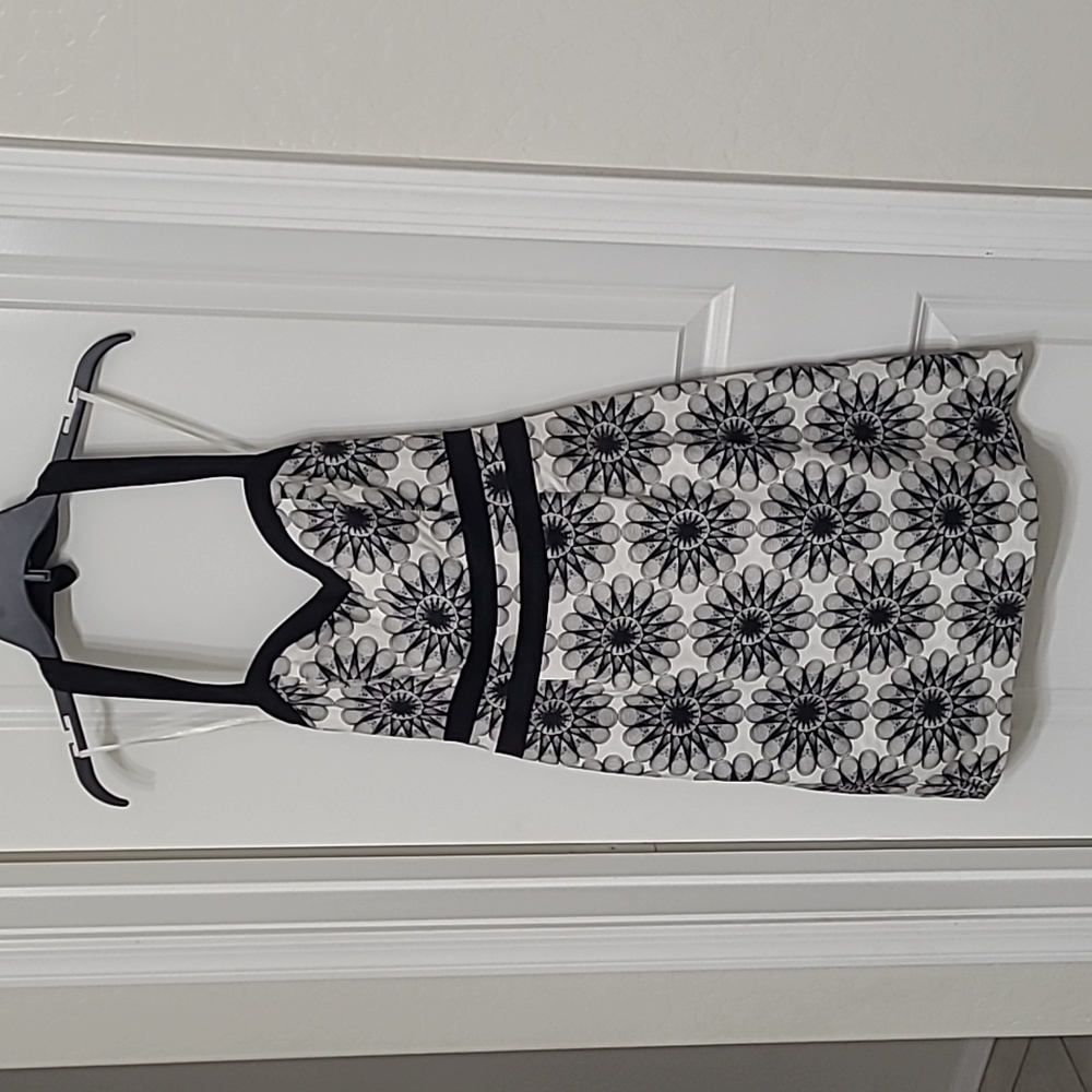 Arden B black and white halter dress with supportive wire sewn in silk lining.